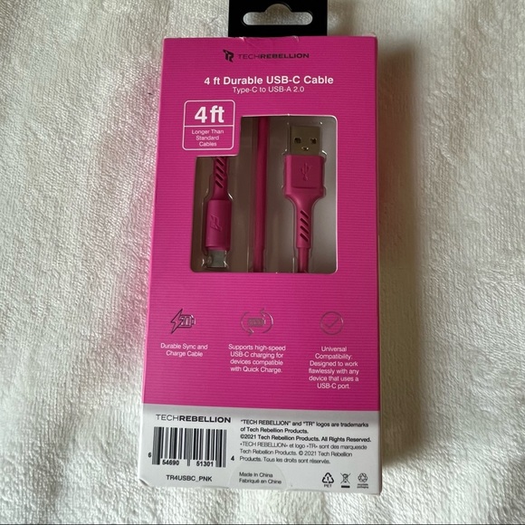 NEW IN BOX TechRebellion 4ft Durable USB-C Cable Type C USB-A 2.0.